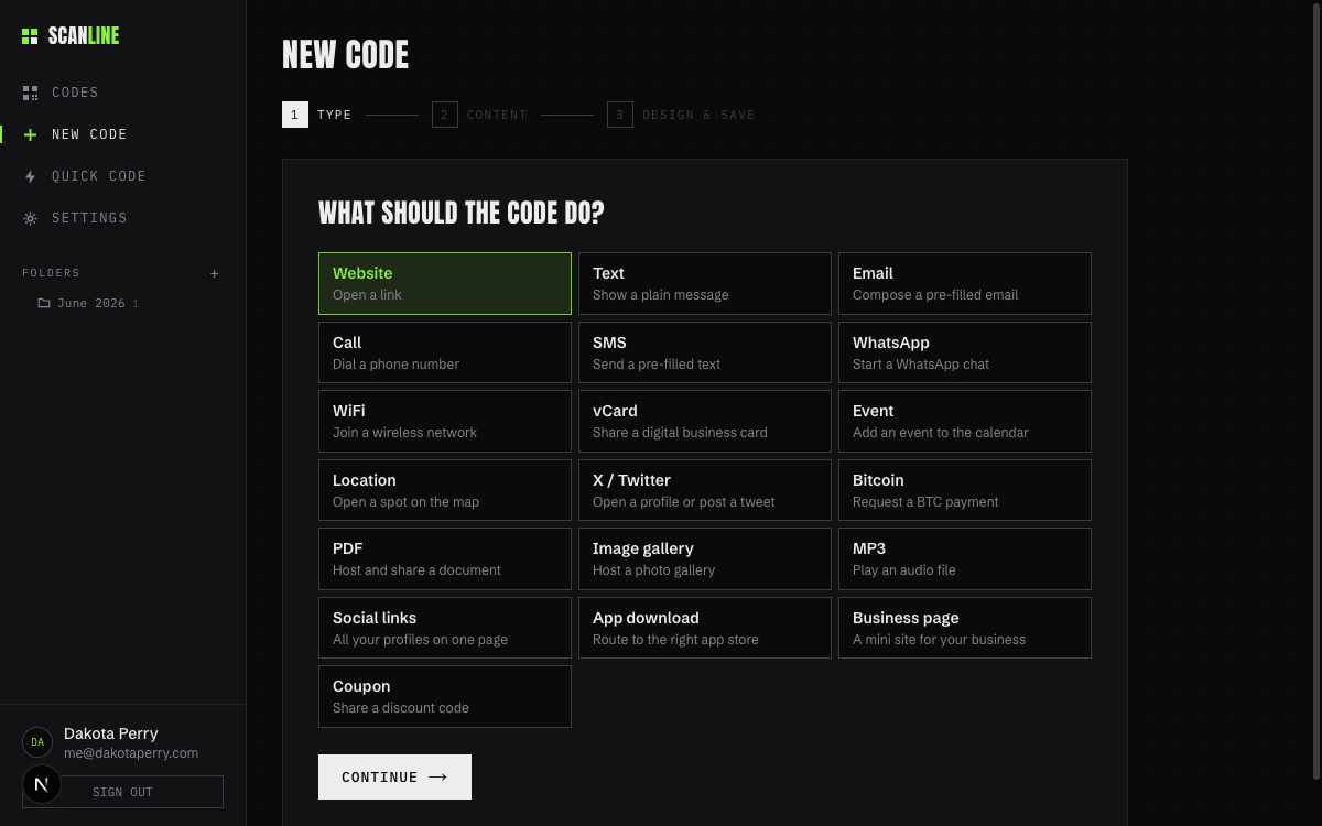 Scanline new-code screen listing the supported QR content types