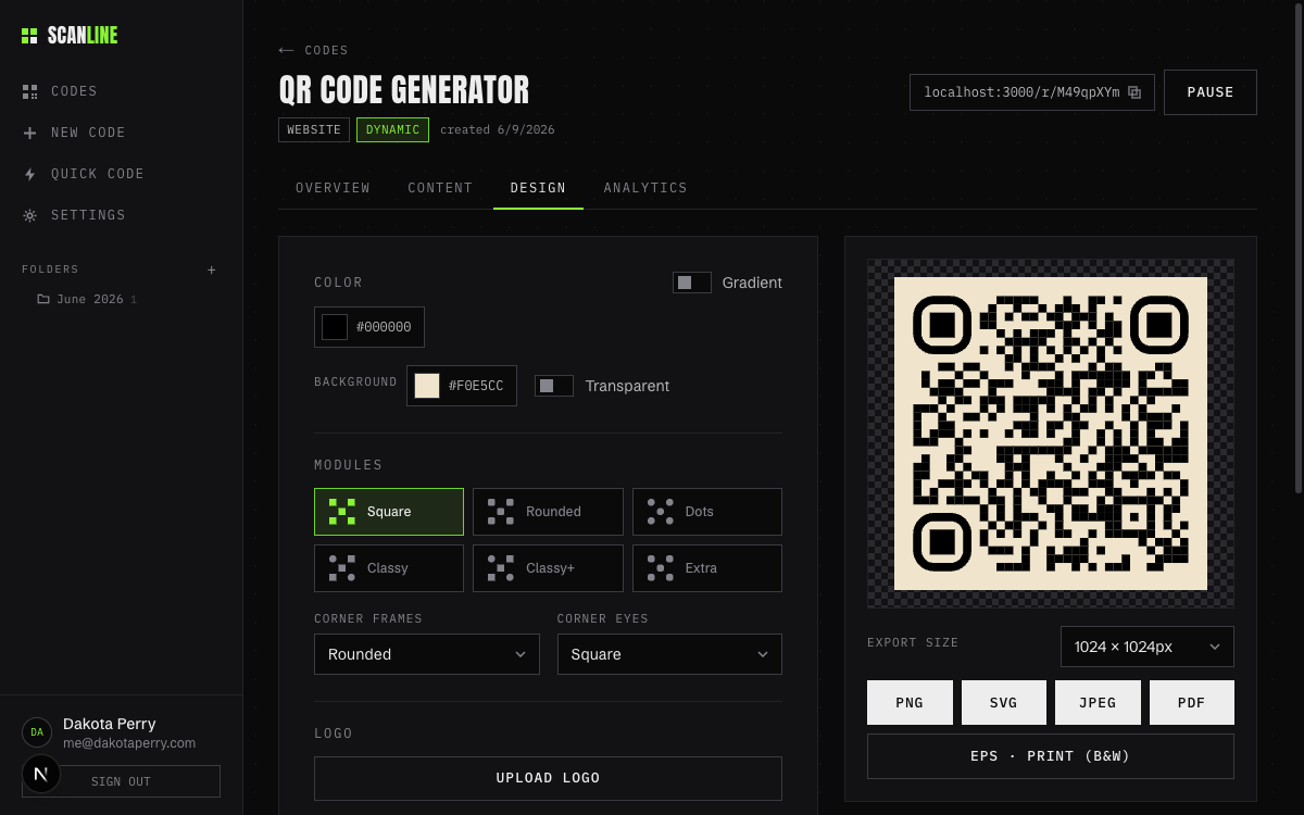 Scanline design studio with module styles, colors, and live QR preview